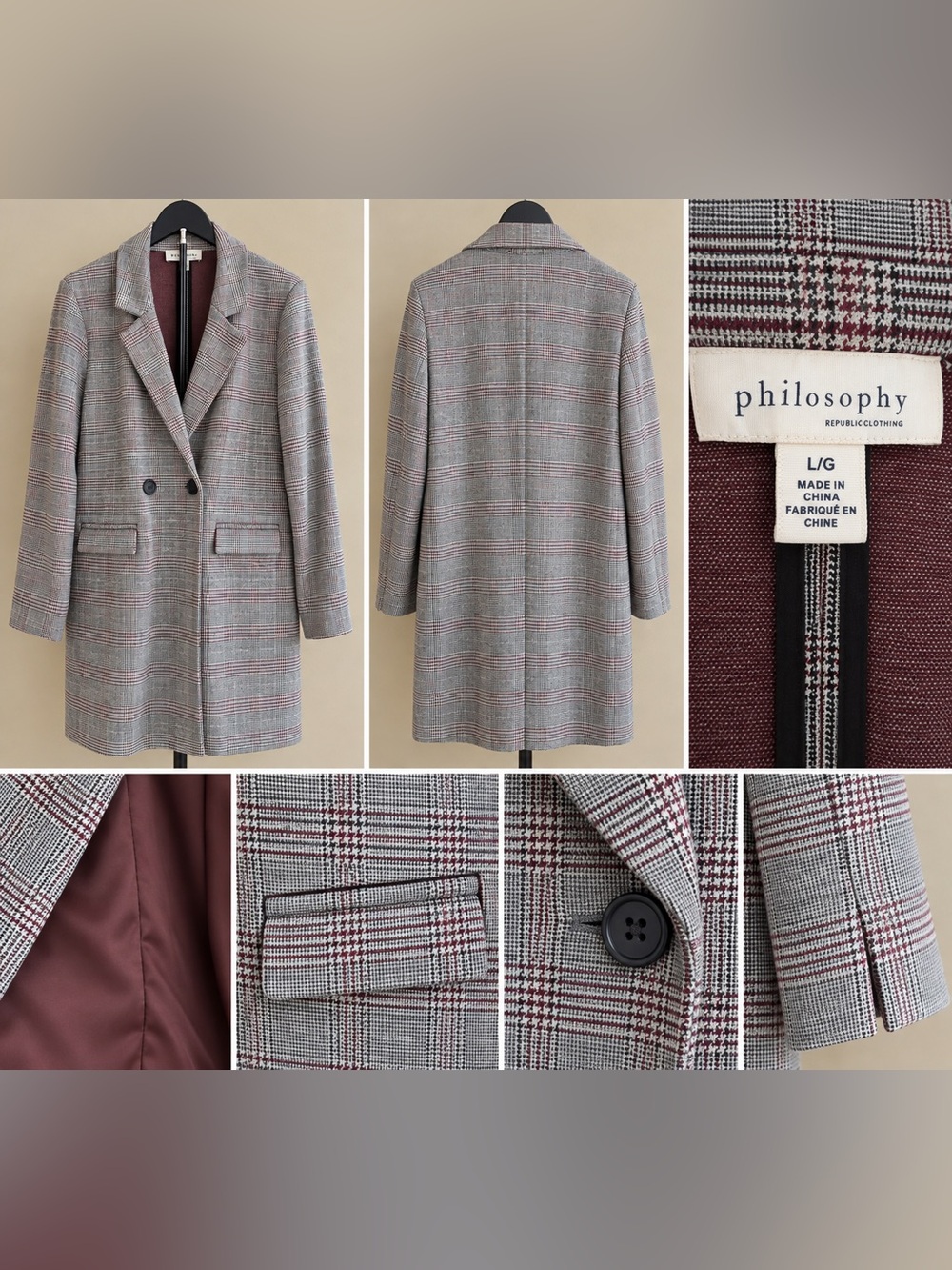 3.1 Phillip Lim Gray Glen Plaid Blazer with Burgundy Windowpane